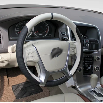 

For Volvo XC60 Black White Suede Leather Steering Wheel Cover Marker Stitch Wrap Cover