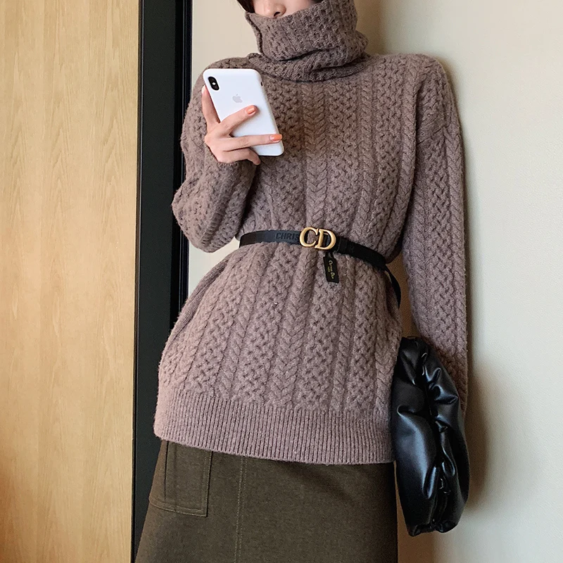 High collar100% pure wool sweater female autumn winter pile pile collar vintage twisted loose loose lazy wind sweater tide - Цвет: shenhuatuo