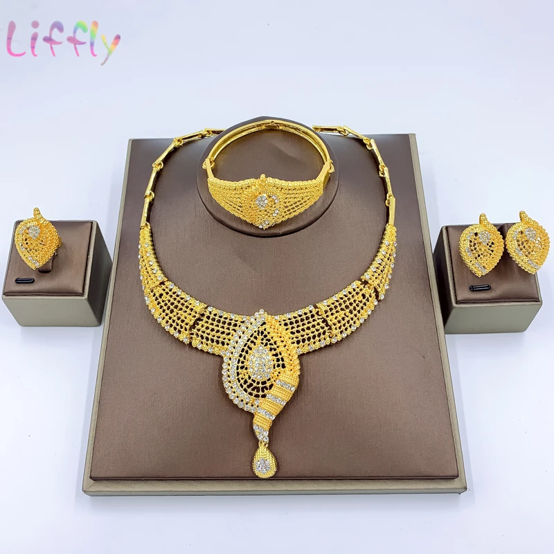 

Liffly Indian Fashion Jewelry Sets Water Drop Necklace Women Bracelet Gold Earrings Ring Wedding Bridal Jewelry