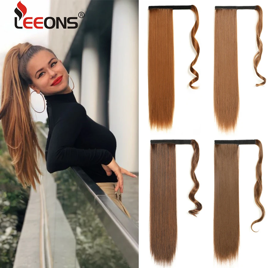 Leeons 20'' Synthetic Ponytail Hair pieces Heat Resistant Fiber Straight Ribbon Clip In Hair Extension 21 colors Brown Black