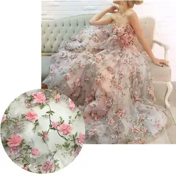 

3D Chiffon Rose Flower Lace Fabric Embroidered Ivory Organza Lace Fabric 51" Width DIY Handmade Sewing Crafts For Women Clothes