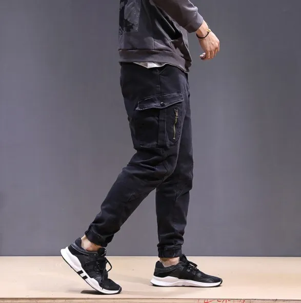 

Japan Style Mens Denim Biker Jeans Brand Plus Size Men Gray Cargo Jeans with One Side Pocket Spring Autumn Long Trouser 40 42