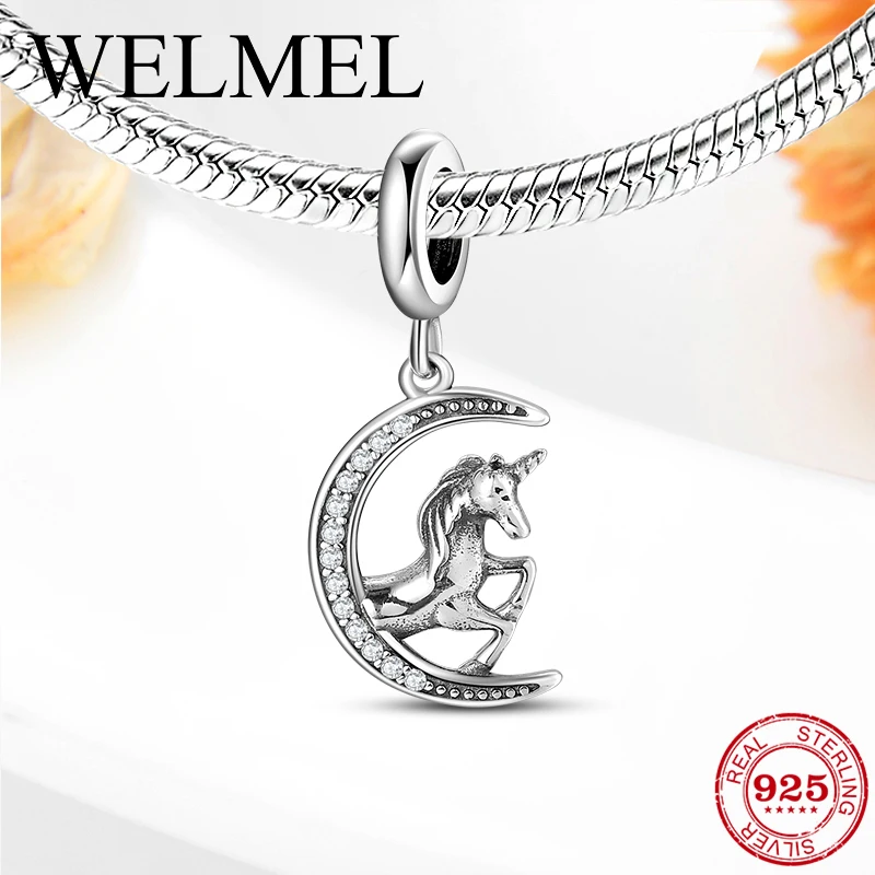 

Authentic 925 Sterling Silver Unicorn Pegasus & Moon Clear CZ Pendant Beads Jewelry making Fit Original Pandora Charm Bracelet