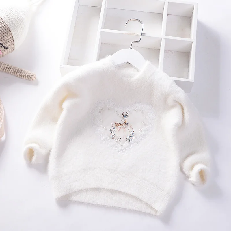 Свитер для девочек; коллекция года; зимний теплый кашемировый пуловер для маленьких девочек; брендовый дизайнерский Рождественский свитер; детская одежда - Цвет: Слоновая кость