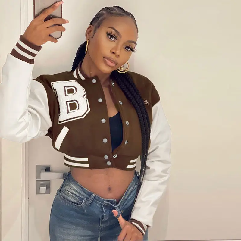 2021 Autumn Winter New Patchwork Crop Tops Jacket Women Casual Streetwear Loose Oversized Fashion Baseball Coats Spliced Jackets | Женская