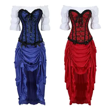 

Grebrafan Steampunk Renaissance Boned Corset 3 Piece Outfits for Women Bustiers Pirate Skirt White Blouse Set Carnival Party