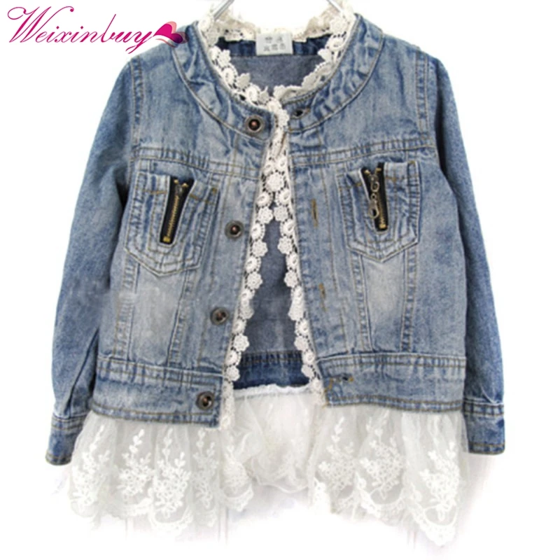 

New Girls Kids Lace Cowboy Jacket Denim Top Button Costume Outfits Jean Coat 2-7TXL129 #E