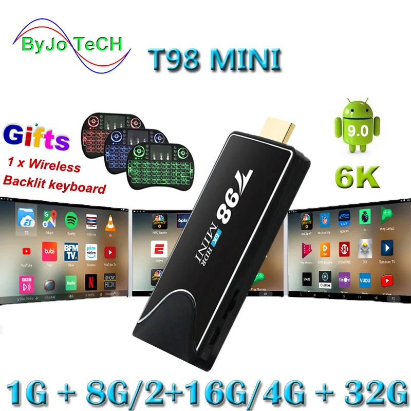 

T98 MINI 6K Tv Stick Android 9.0 OS Quad Core 64bits MINI PC Dongle Miracast Bluetooth WIFI HDMI TV BOX 6K HDR 4G 32G Optional