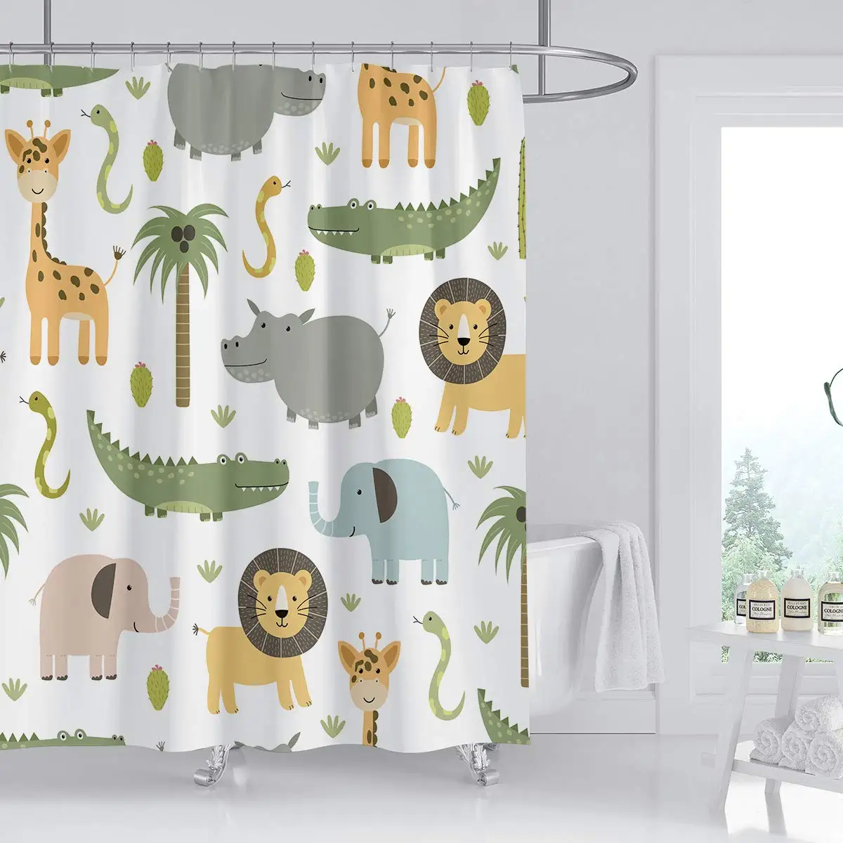 

Borylin Childrenâ€™s Shower Curtain Set 60â€™â€™W x 72â€™â€™L Woodland Animal Kids Cartoon Cute Lion Elephant Giraffe Tree Polyester