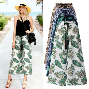 

Chiffon Wide Leg Pant Women Summer Prints Elastic Waist Ankle-length Pants Casual Beach Female Loose Pants Plus Size 4xl 5xl 6xl