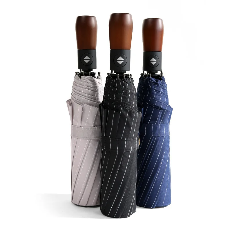 

Full Automatic Umbrella Log Handle Striped Three Folding Umbrella Business Umbrella One-Click Umbrella Family Travel Umbrella