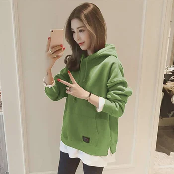 

Fake Two Pieces Hooded Women's Hoodies Autumn Patchwork Pocket Thicken Female Sweatshirt 2020 Winter Korean Loose Woman Hoody