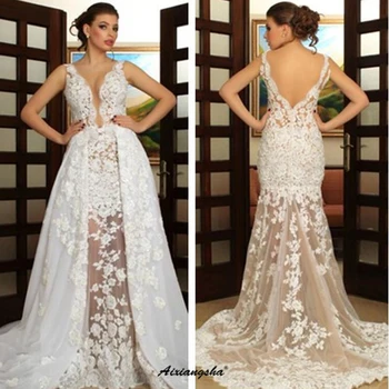 

Beach Backless Romantic Wedding Dress Lace Simple Appliques Detachable Train V Neck Gown Illusion Tulle vestido De Noiva Ribon