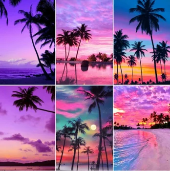 

Yikexin 5D Diamond Painting Sunset Diamond Mosaic Scenery Full Round Diamond Embroidery Coconut Tree Picture Of Rhinestones