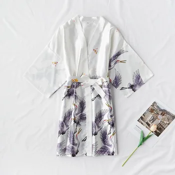 

Exquisite White Print Crane Flower Women Kimono Robe Gown Sexy Mini Sleepwear Nightgown Comfortable Casual Soft Wedding Robe