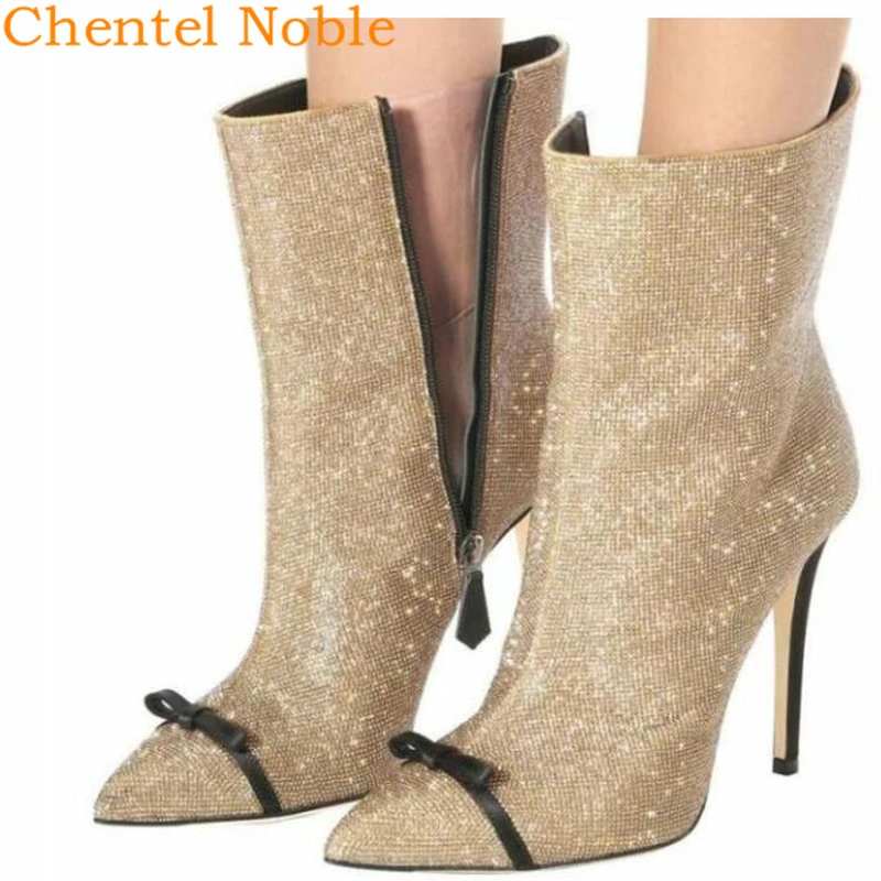 Chentel Botines dorados y plateados con purpurina para mujer, botines cortos con puntera puntiaguda y lazo negro, zapatos de vestir con retales de colores brillantes|Botas hasta el - AliExpress