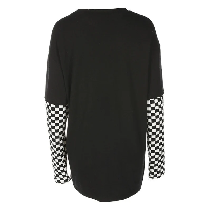 Черная футболка Осенняя женская модная повседневная клетчатая футболка с круглым вырезом, клетчатая футболка с длинным рукавом x