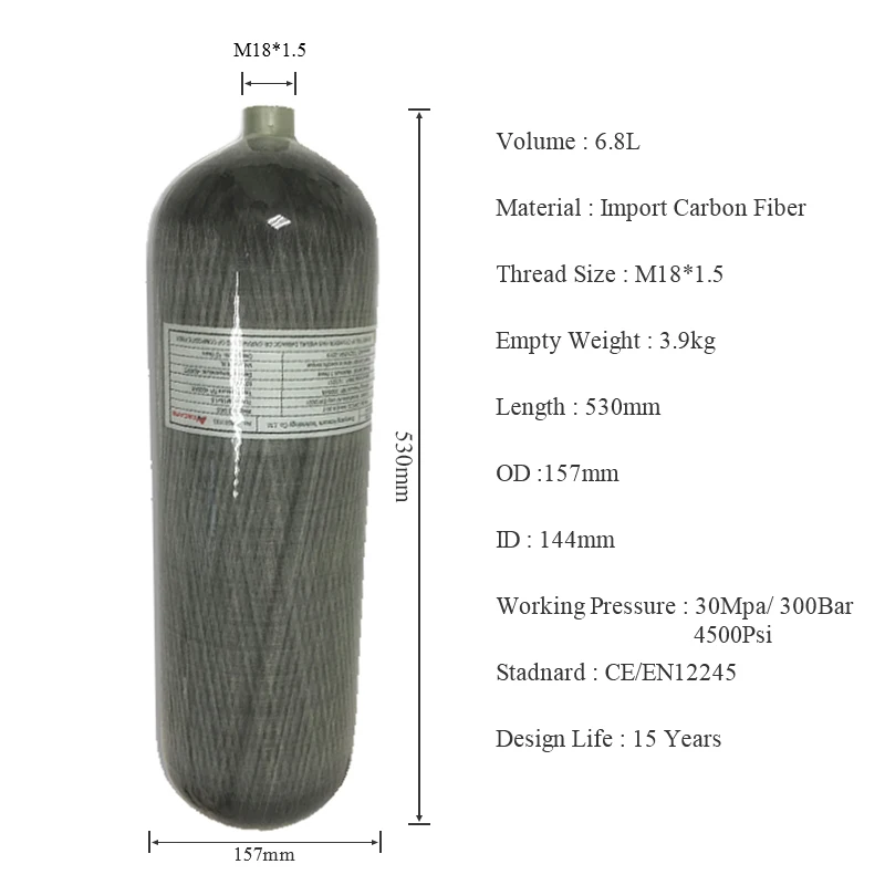 AC168 кислородный бак/SCBA бак для дайвинга 6.8L CE 300BAR композитный цилиндр из углеродного волокна для сжатых Пневматические винтовки Pcp Airgun Acecare