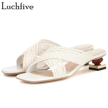 

Building Blocks Heel Women Slippers Open Toe Slim Belts Slides Ladies Shoes White Genuine Leather Shoes Woman