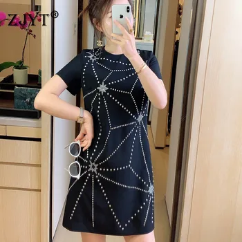 

Top Quality Women Runway Dress Summer Clothes 2020 New Fashion Short Sleeve Luxury Diamonds Solid Casual Aline Dress Vestidos