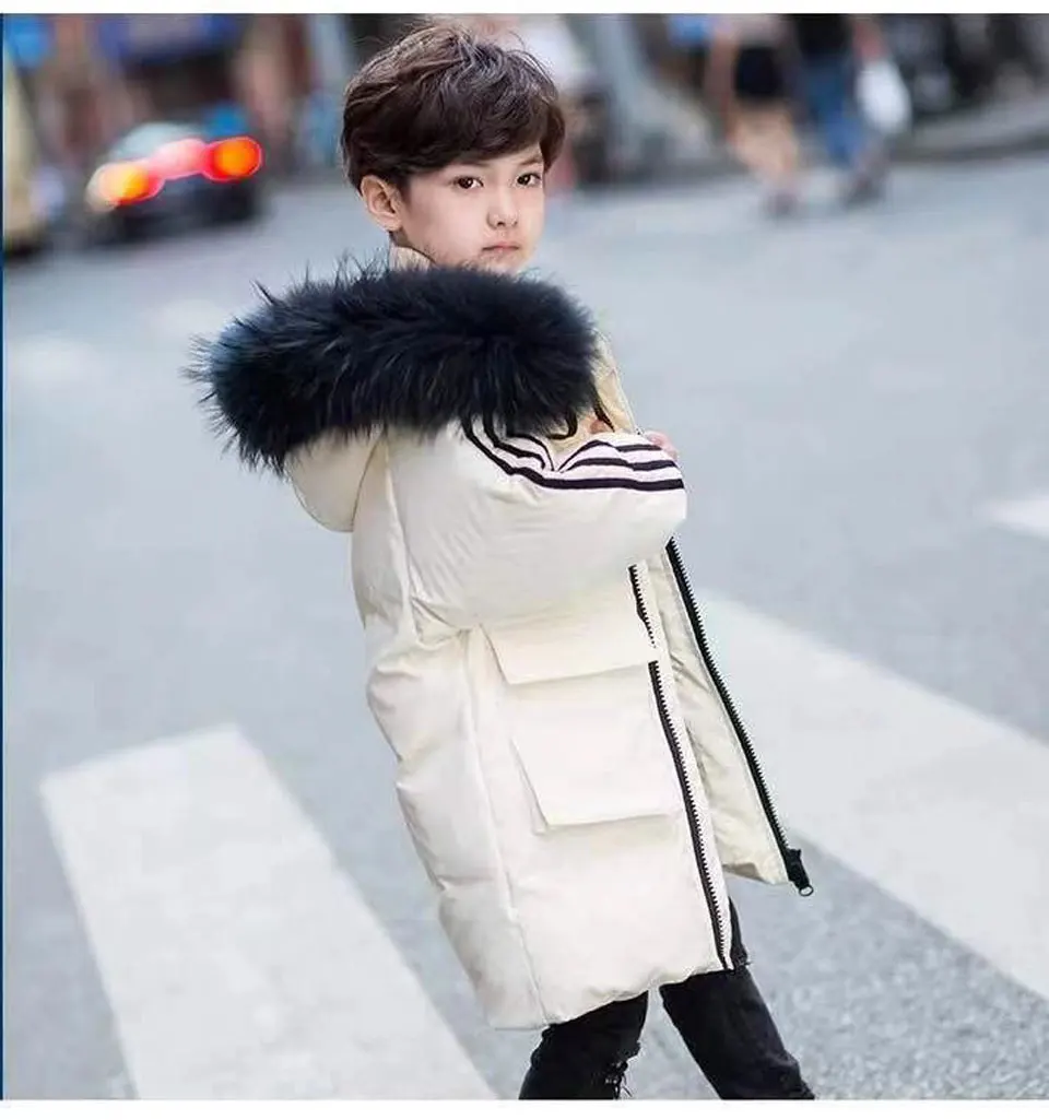 Коллекция года, Детский пуховик длинное плотное зимнее пальто для мальчиков хлопковые пуховики для детей, зимние куртки для мальчиков, верхняя одежда с меховым воротником для детей от 4 до 14 лет