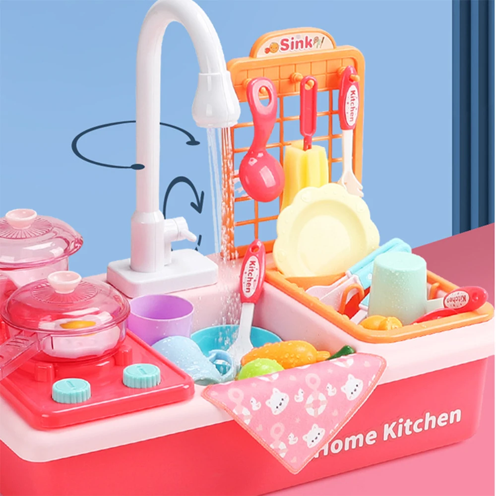 Pretend Role Play Kitchen Sink Toys Dishwasher Playing Toy with Running Water Automatic Faucets Play House Toys for Kids Gifts