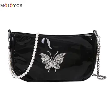

Leather Shoulder Bag Butterfly Pearl Underarm Fashion Women Rhinestone Handbag for Outdoor Shopping Traveling Decoration