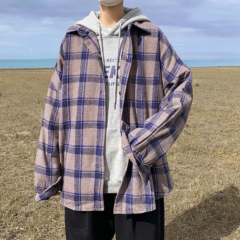 

Woolen Shirt Men's Fashion Retro Casual Woolen Jacket Men Streetwear Loose Short Woolen Coat Mens Thicken Long-sleeved Shirt