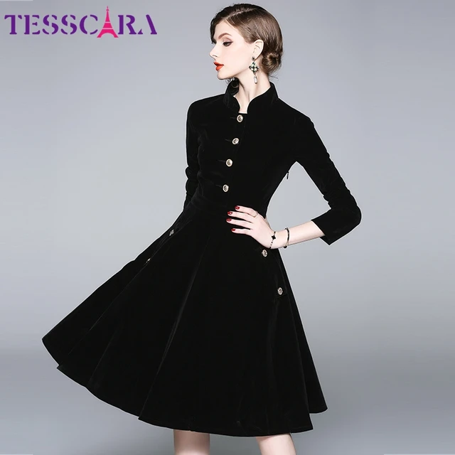 TESSCARA Women Autumn & Winter Elegant Velvet Dress Festa High Quality Vintage Party Robe Femme A-Line Designer Black Vestidos 4