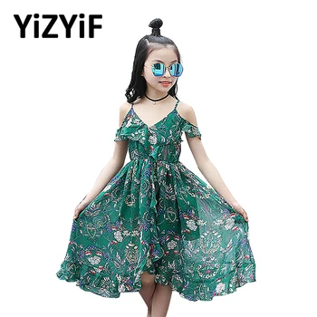 

Bohemian Style Beach Dress Girls Kids Floral Printed Summer Dress V-Neckline Flowy Chiffon Dress Holiday Party Beach Clothes