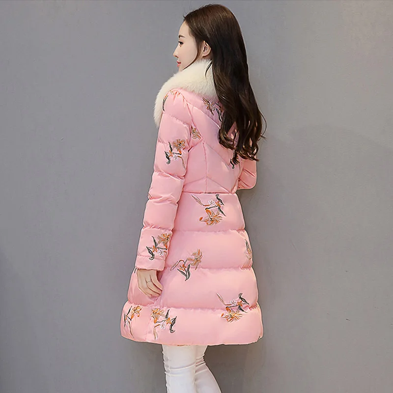 

2018 New Style Sweet Fashion Crew Neck Floral-Print down Jacket Cotton-padded Clothes Women's Slim Fit Ladies' Warm Cotton Overc