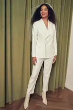 Blazer 2 pièces pour femmes, robe de mariée blanche, pantalon croisé, veste pour femmes 
