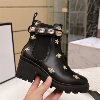 

Womens Round Toe Genuine Leather Rhinestones Crystal Diamond Ankle Boots embroidery Bee Chunky High Heel Shoes Black White