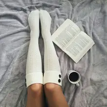 Women Girl Winter Knitted Knee High Long Roll Down Cuffed Solid Color Braided Rhombus Jacquard Stockings with Button Decor