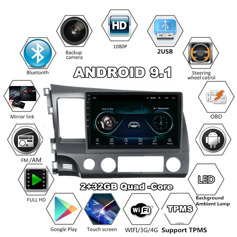  10.1'' Android 9.1 Quad-core RAM 2GB ROM 32GB Car Stereo Radio GPS WIFI 3G 4G BT DAB Mirror Link OB