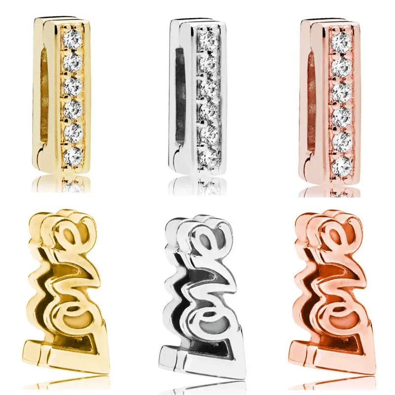 925 Sterling Silver Rose Gold Charm Vintage Reflexions Love Letter Clip Beads Fit Pan Bracciale E Gioielli Bangle