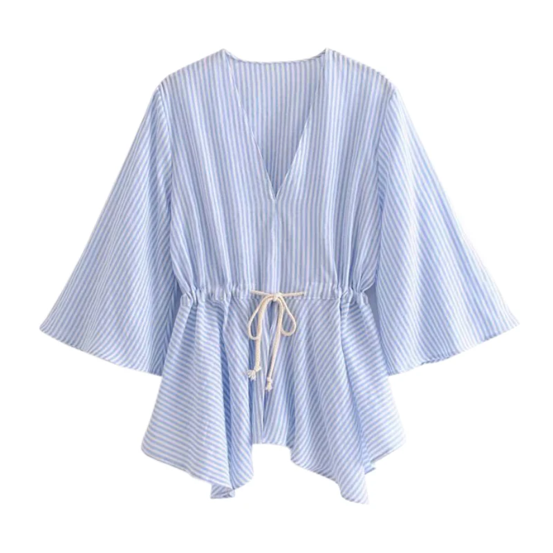 

Women Striped Print V Neck Blouse Long Sleeve Irregular Casual Drawstring Tie Waist Chic Tops FFZSY411
