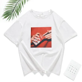 

harajuku Vogue Casual Funny Women's T-shirt short sleeve cigarette print Slim Korean Style Oversized white Tees couple clothes