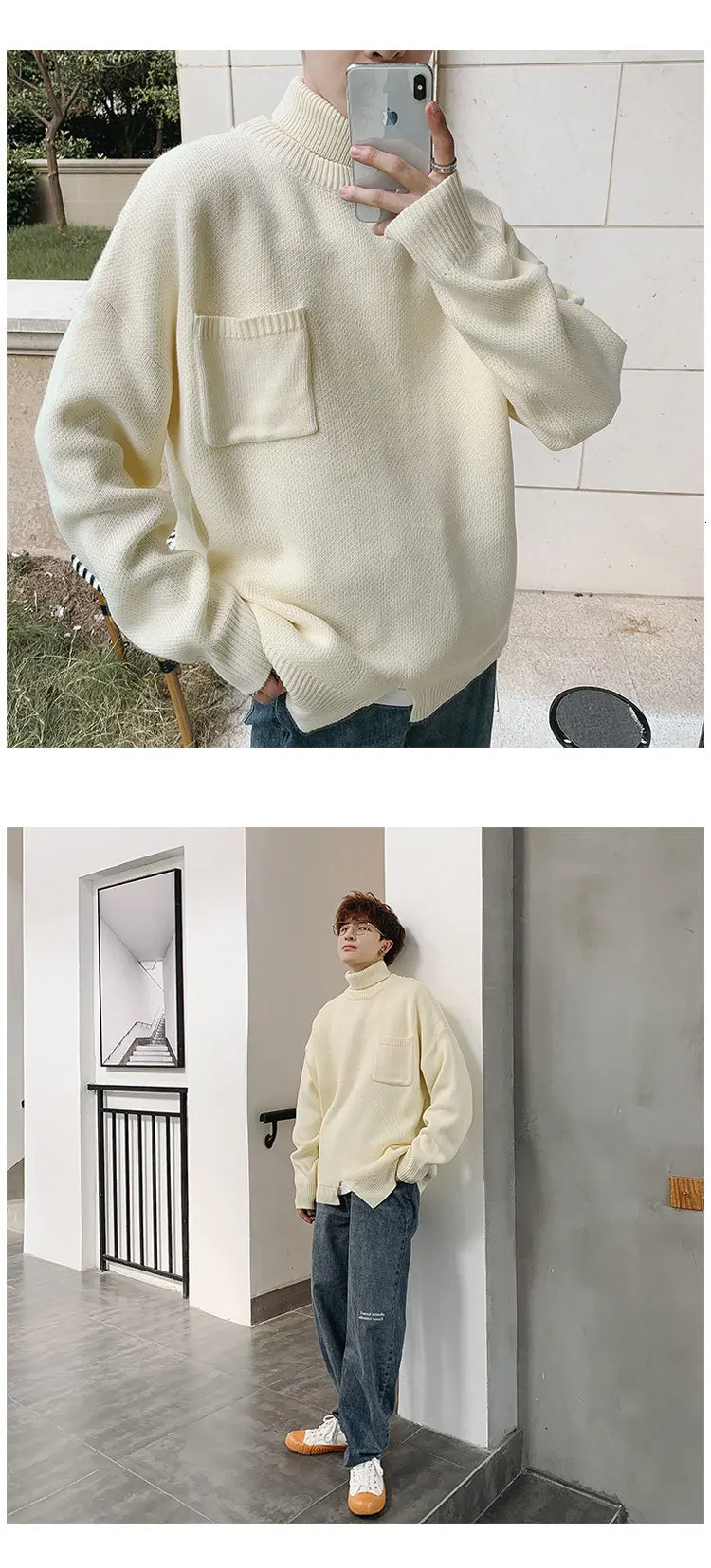 Winter High Collar Sweater Men's Warm Fashion Solid Color Casual Knit Pullover Men Loose Collar Detachable Sweater Male Clothes