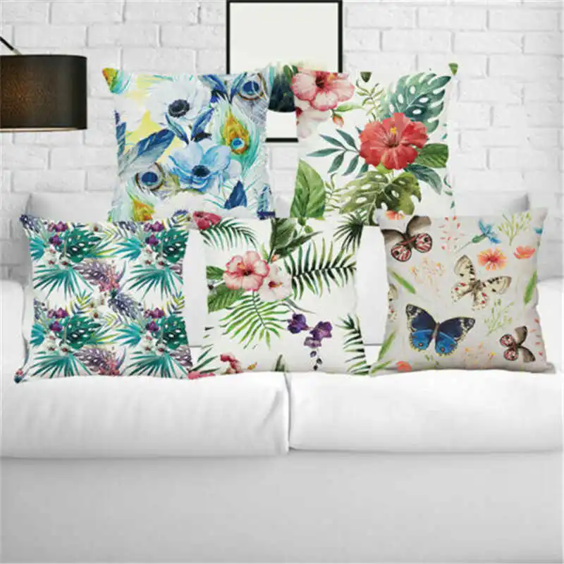 Flower Feather Pillow Case Cotton Linen Throw Pillowcase Printed Pillow Covers For Office Home