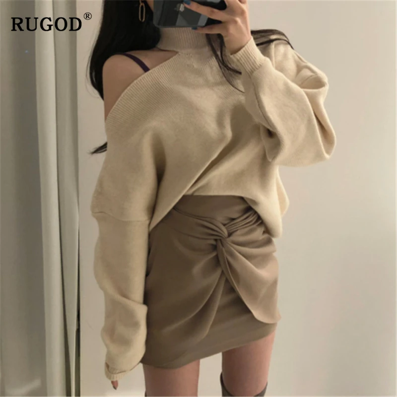 RUGOD 2019 корейский вязаный женский свитер винтажный Однотонный с открытыми плечами
