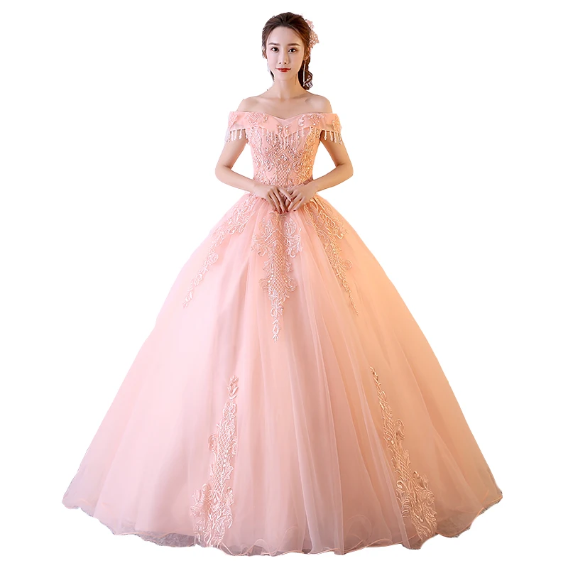 

2020 Ball Gown Quinceanera Dresses Rose Pink Tulle Lace Appliques Women Prom Party Gown Glitter Formal Evening Dresses Plus Size