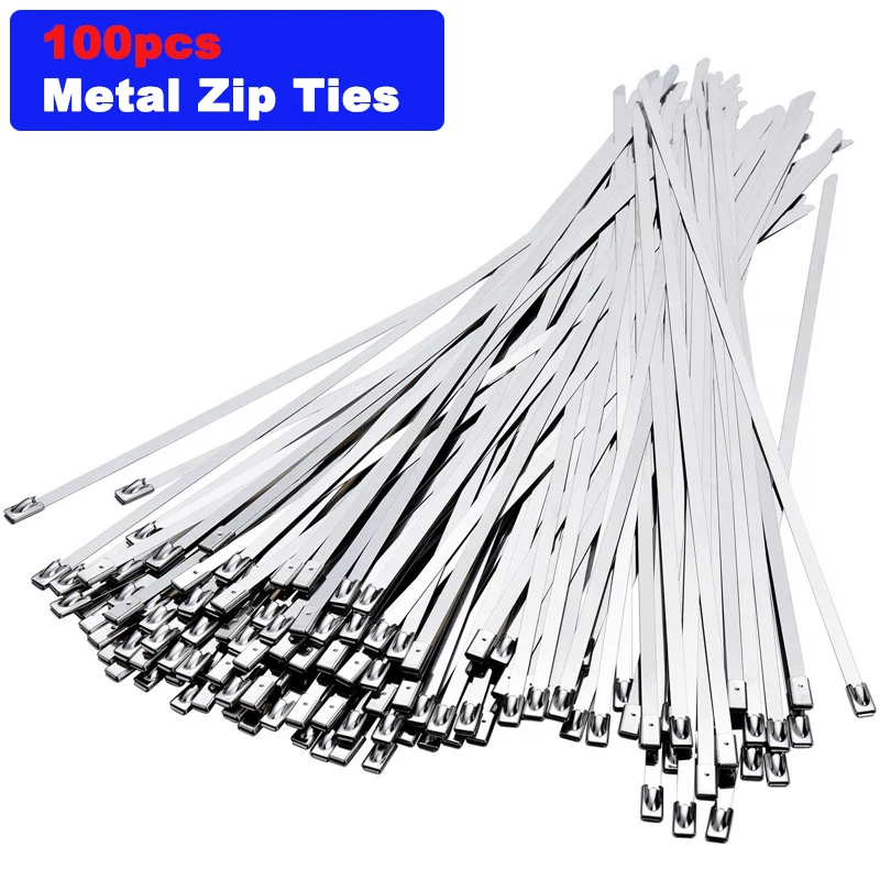 100PCS Multi Purpose Locking Cable Metal Zip Ties Stainless Steel Cable