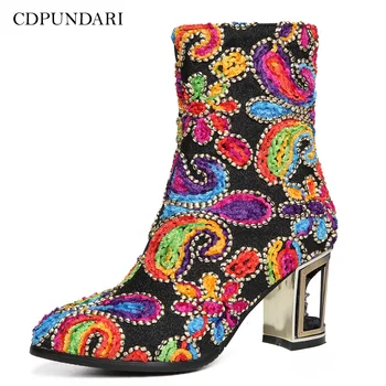 

Ankle boots for women High heel boots Ladies Embroider Fretwork Heels shoes woman
