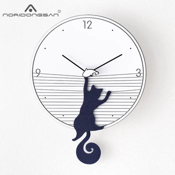 

Nordic Wooden Wall Clock Swing Modern Design for Living Room Cute Cat 3D Decoration Pendulum Clock Wall Watch Home Decor