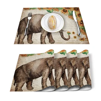

Sunflowers Elephant Animals Placemat Washable Cotton Linen Table Cloth Pad Mat Rectangle Placemats Heat Resistant