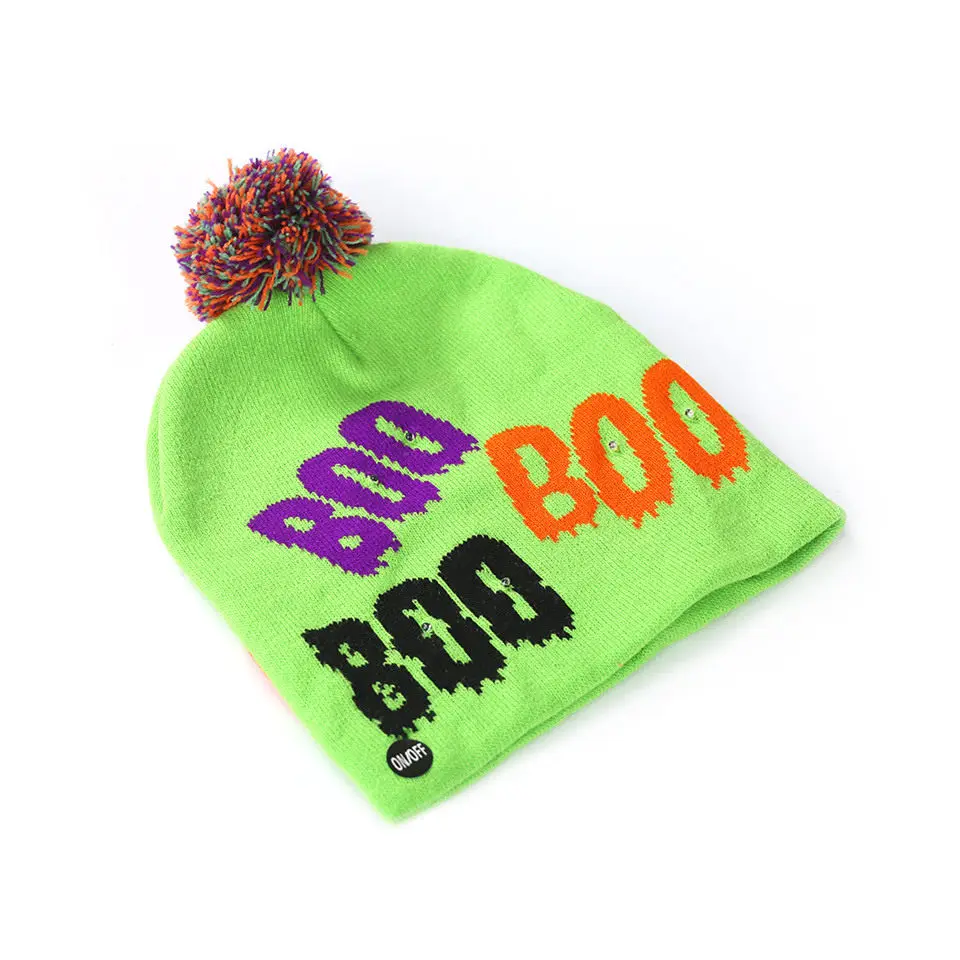 Новые Вечерние светодиодный вязаные шапочки на Хэллоуин, шапка с рисунком тыквы, черепа, Бу, для детей и взрослых, зимние Забавные милые теплые шапки - Цвет: Boo