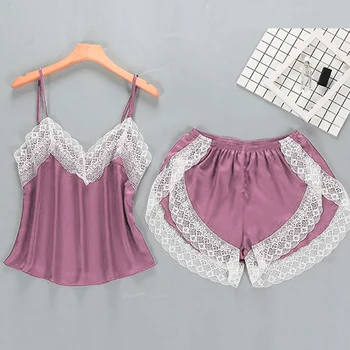 

2 Pieces Pyjamas Set Women Lace Lingerie Set Solid Soft Sexy Nightwear Suit Fashion Pleated Sleepwear Set Strap Top+Loose Shorts