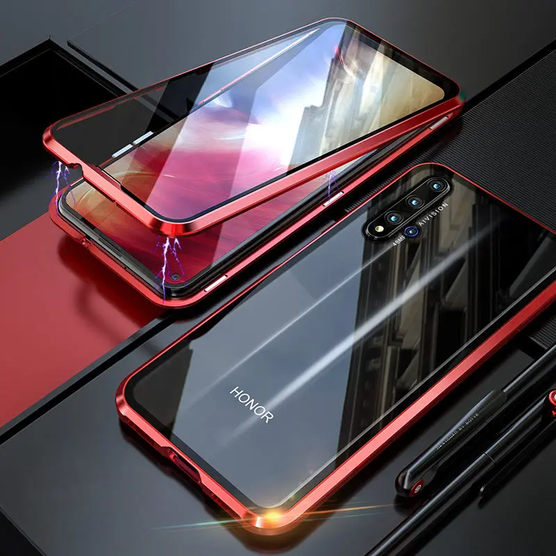360 Полный корпус защитный чехол для huawei Nova 5T Honor 20 телефон магнитный металлический бампер оболочка Чехлы Переднее стекло заднее стекло Nova5T - Цвет: Red