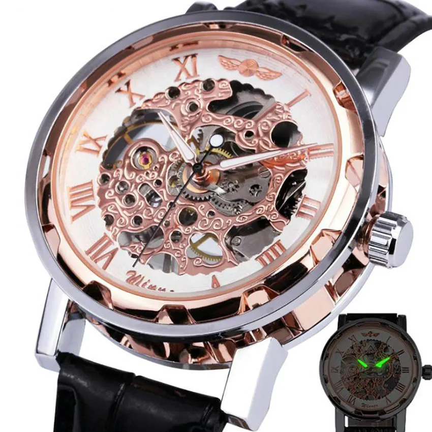 

New Mens Watches Roman numerals skeleton vintage belt automatic mechanical watch Men's Clock Wrist Watch Relogio Masculino 2020